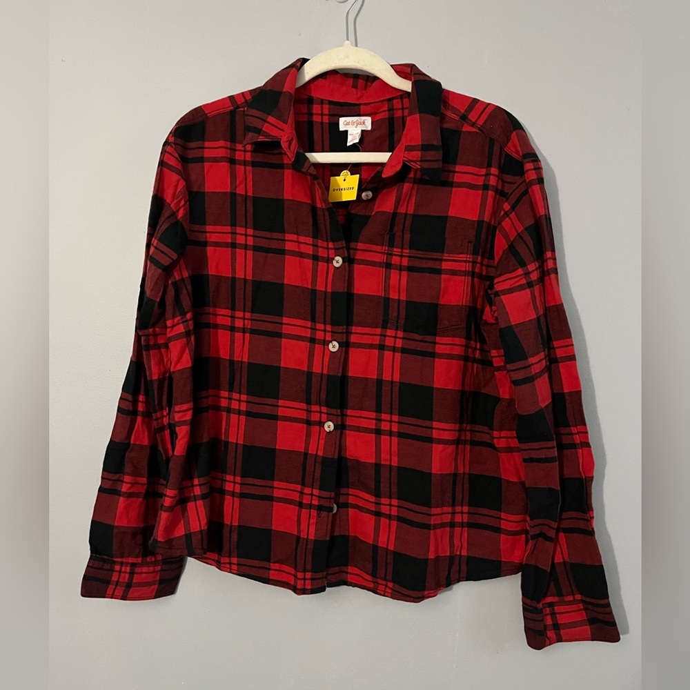 Cat & Jack boys red & black plaid button up shirt size xxl (18) NWT